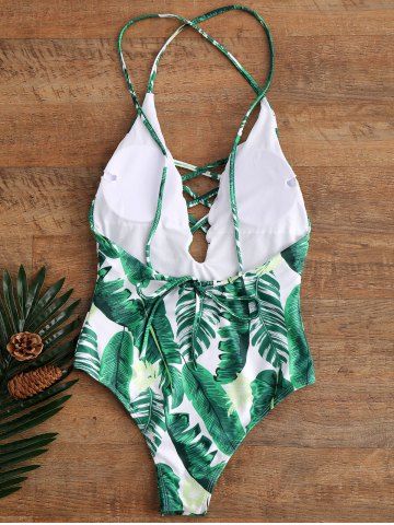 

Palm Print Backless Padded One Piece Criss Cross Swimsuit, Green