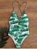 Palm Print Backless Padded One Piece Criss Cross Swimsuit -  
