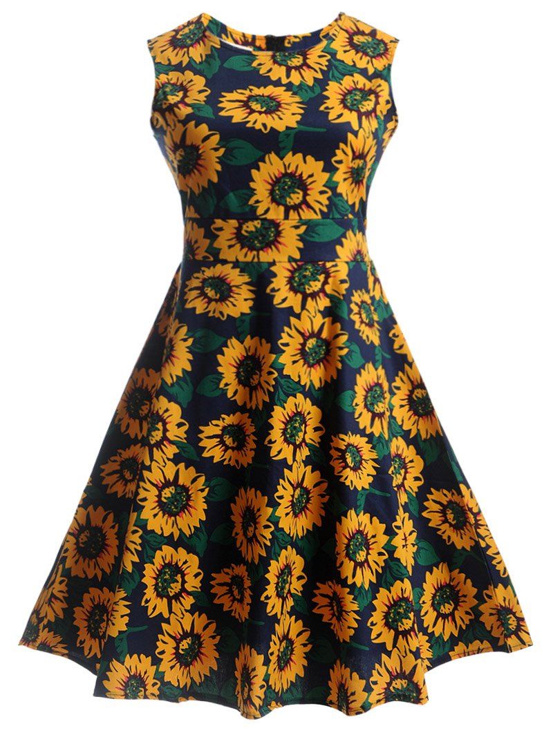 

Sunflower Print Self-Tie Vintage Tea Dress, Blue