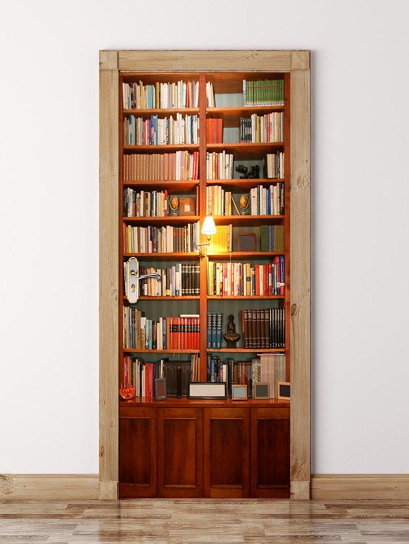 

3D Wooden Bookshelf Door Waterproof Wall Sticker, Brown