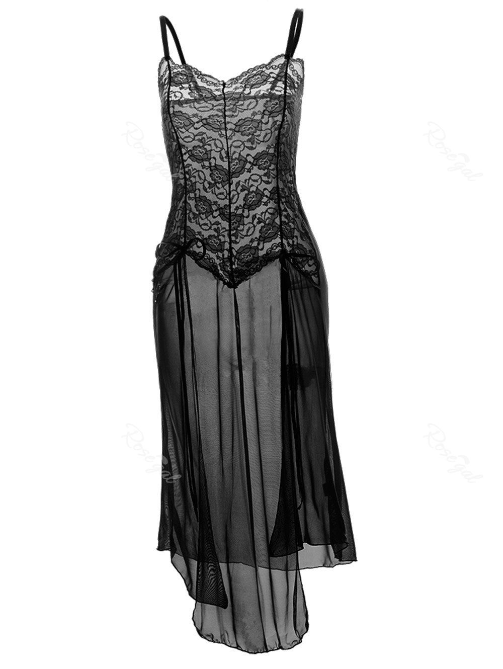 

Plus Size Maxi Lace Top Sheer Slip Dress, Black