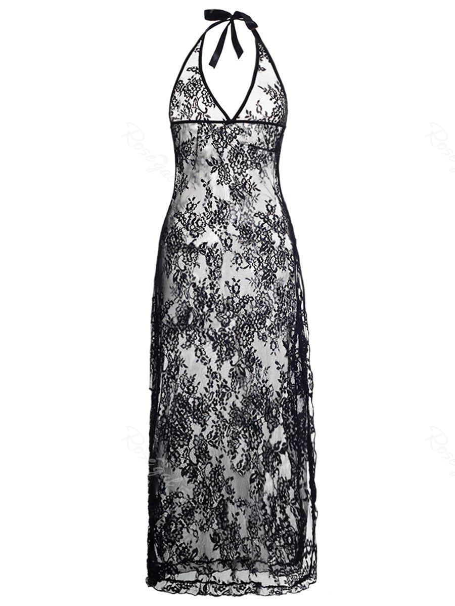 

Plus Size Halter Neck Lace Maxi Backless Sheer Dress, Black