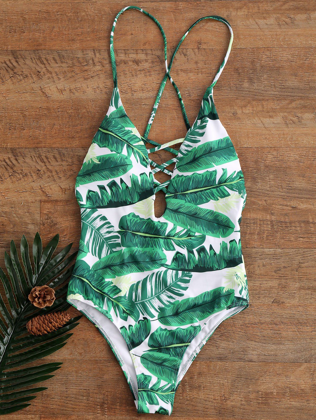 New Palm Print Backless Padded One Piece Criss Cross Swimsuit  