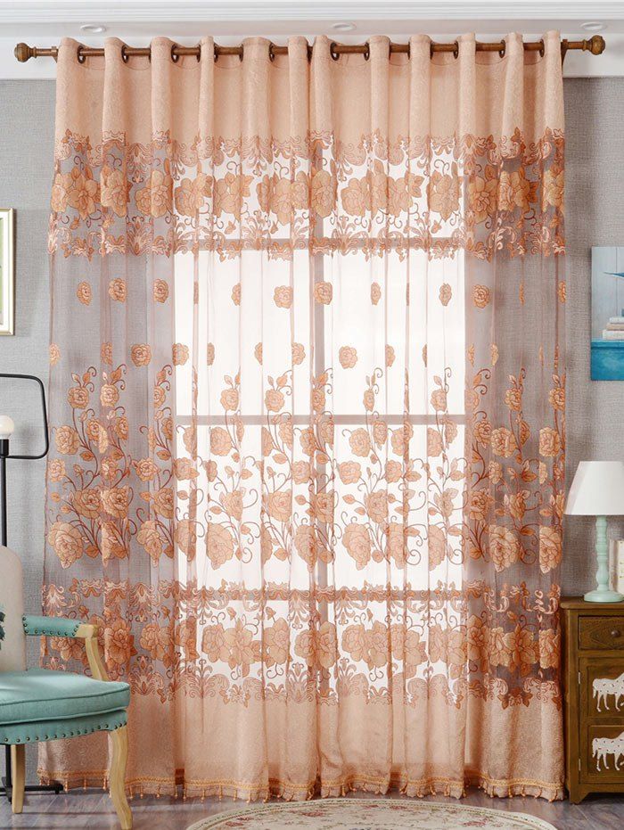 

European Sheer Window Flower Tulle Curtain For Living Room, Khaki