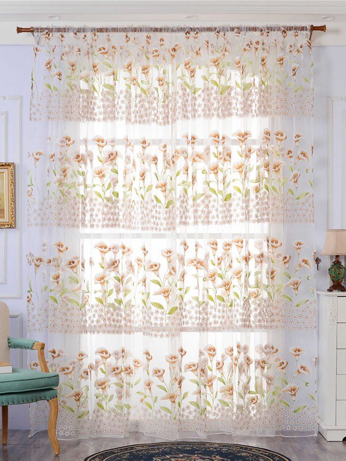 

Calla Lily Embroidery Sheer Window Tulle For Bedroom, Khaki