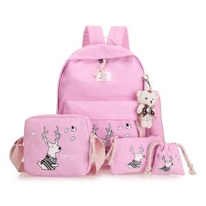 Cartoon Deer Printed Canvas Backpack Set