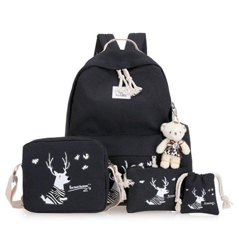 Shop Cartoon Deer Printed Canvas Backpack Set  