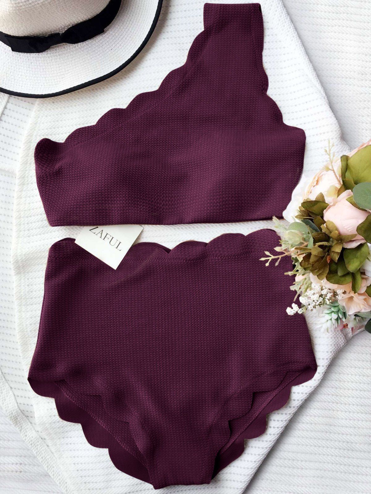 

High Rise Scalloped One Shoulder Bikini, Merlot