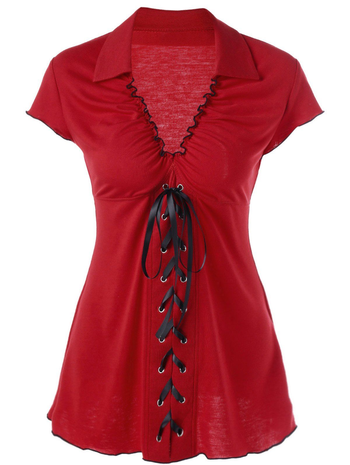 2019 Ruffle Empire  Waist  Lace Up T shirt  In Red 2xl 