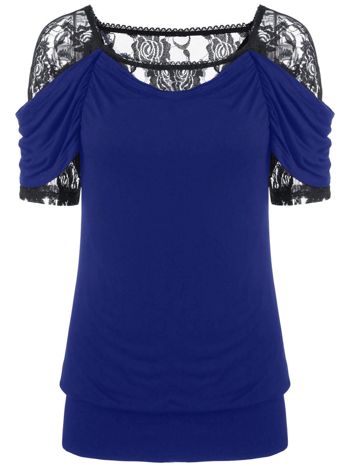 Blue Xl Lace Trim Ruched T-shirt | RoseGal.com