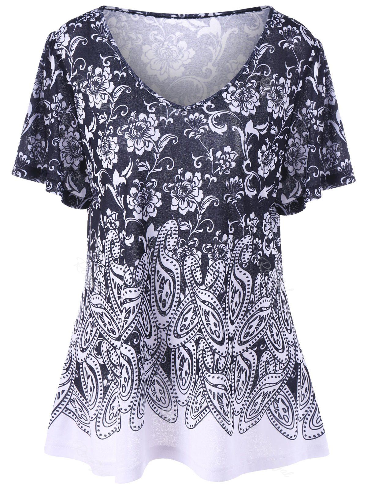 [8% OFF] Plus Size Floral And Paisley T-Shirt | Rosegal