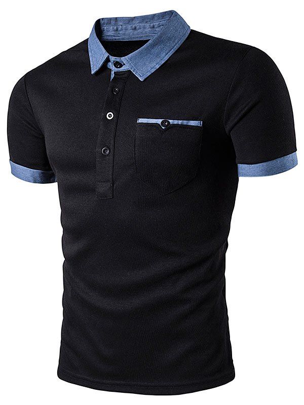 

Denim Splicing Pocket Polo T-Shirt, Black