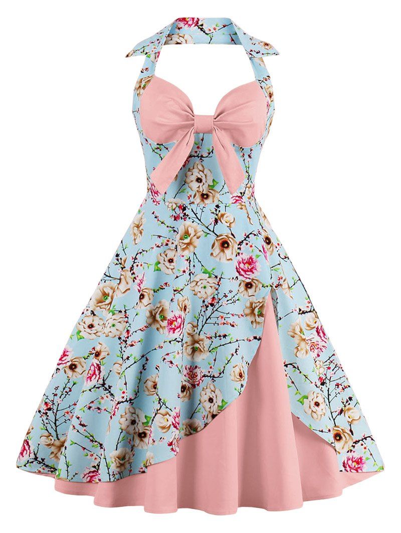 

Halter Neck Floral Pin Up A Line Dress, Peony pink