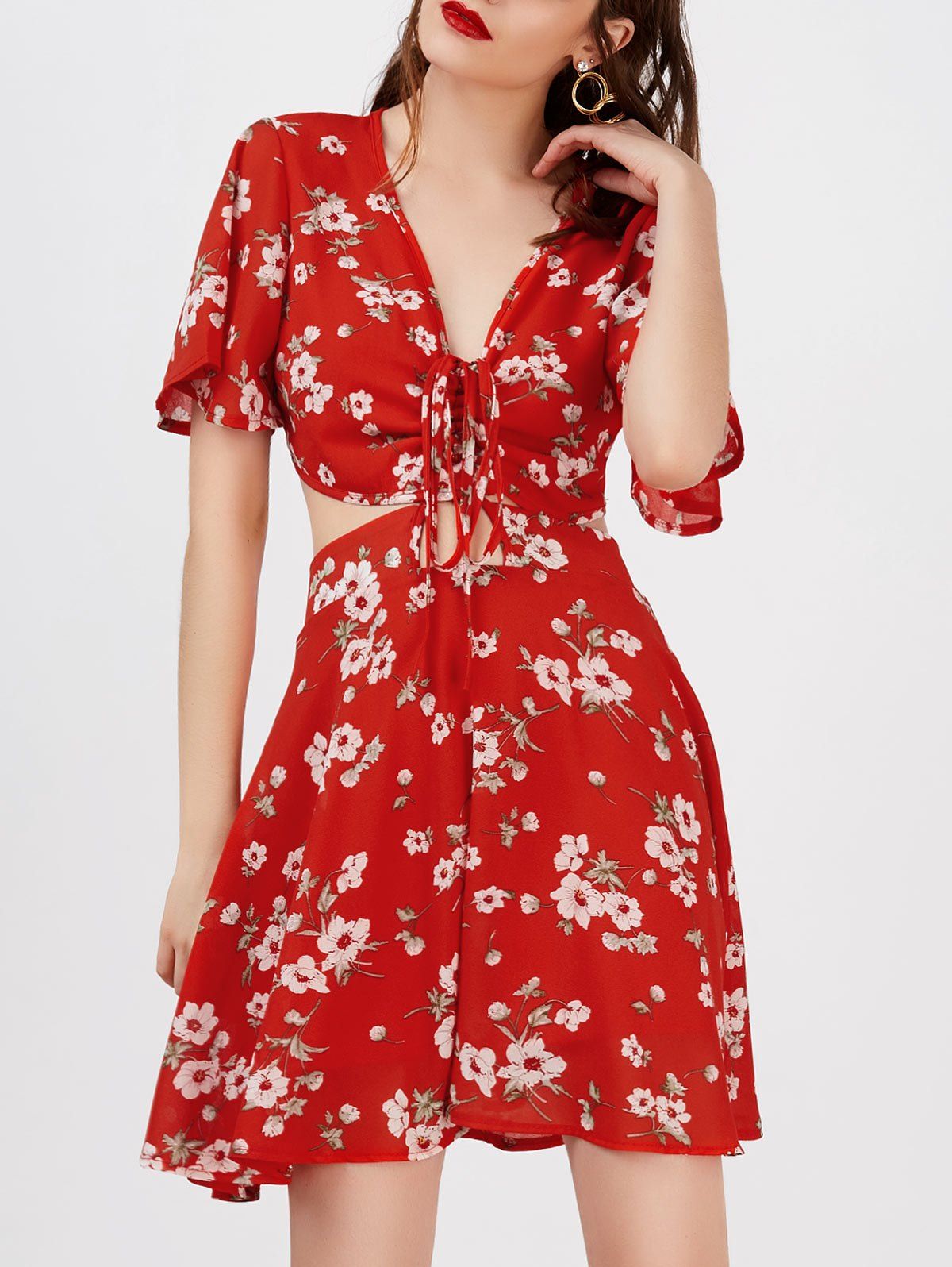 60 Off Plunge Floral Backless Short Sleeve Summer Dress Rosegal 