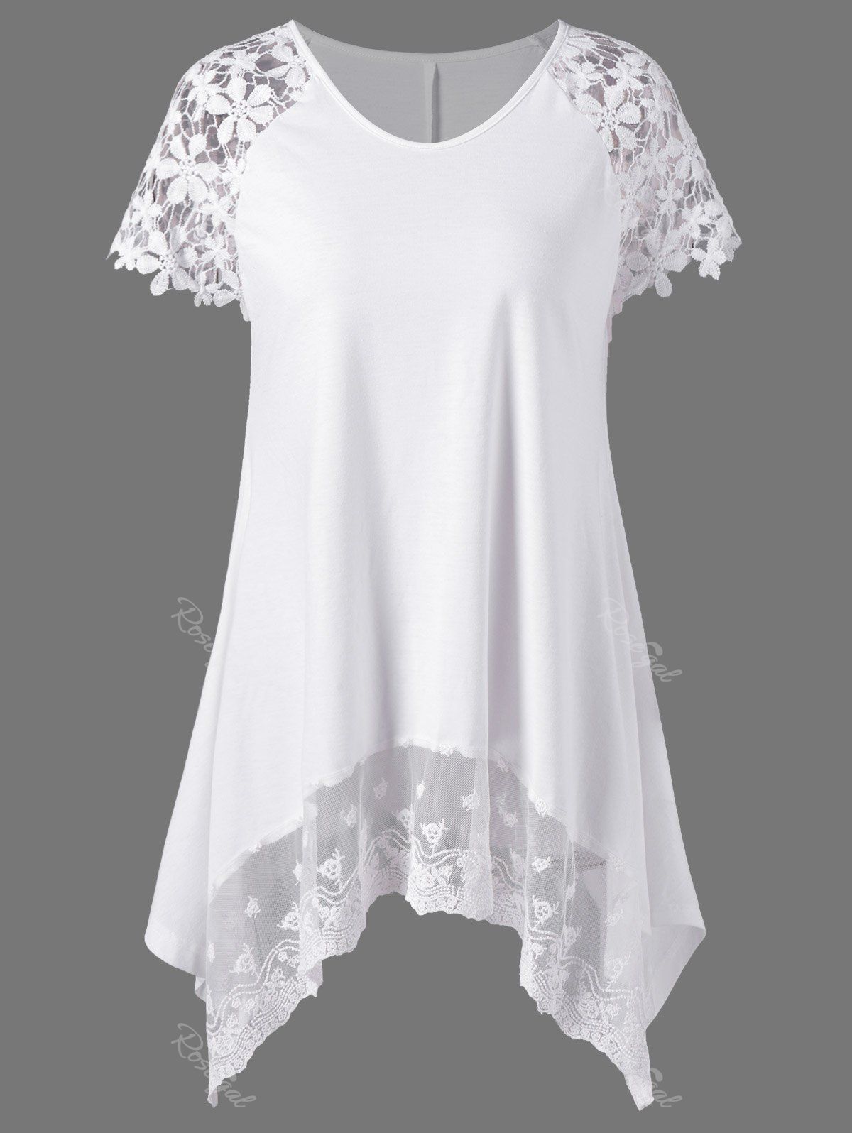 53 Off Plus Size Lace Trim Cutwork Asymmetrical Long T Shirt Rosegal 7407