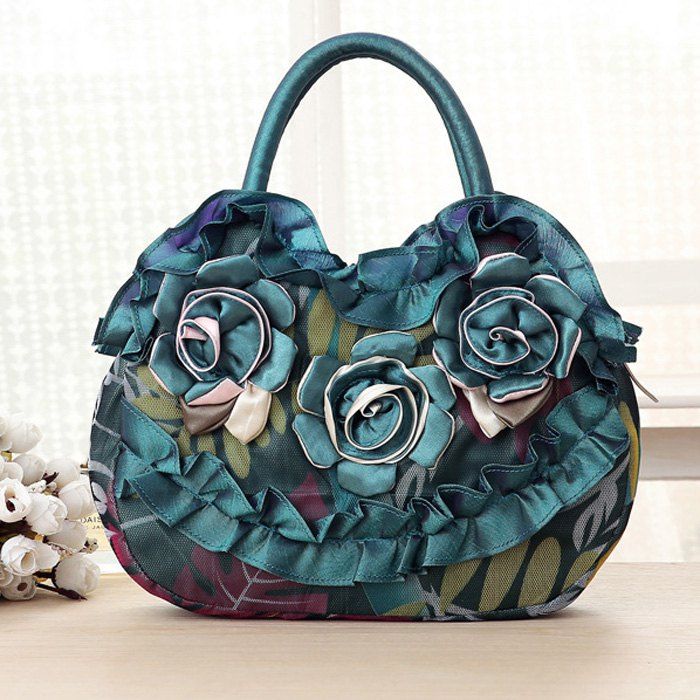 2018 Satin Ruffle And Flowers Handbag In Blackish Green | Rosegal.com