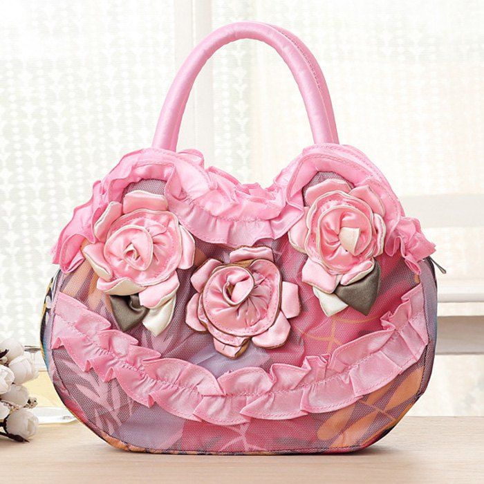 [18 OFF] Satin Ruffle And Flowers Handbag Rosegal