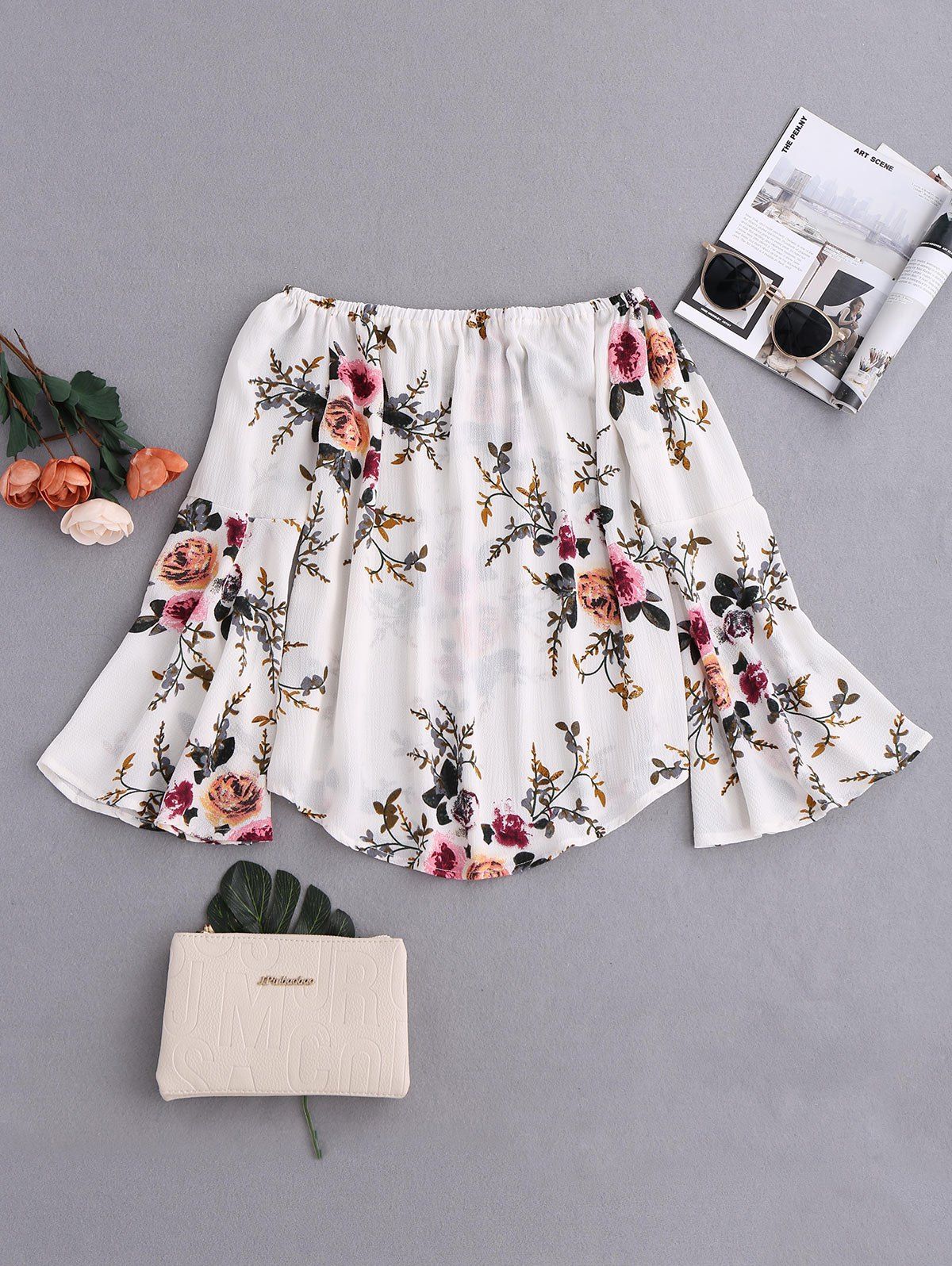 

Flare Sleeve Floral Off Shoulder Blouse, White