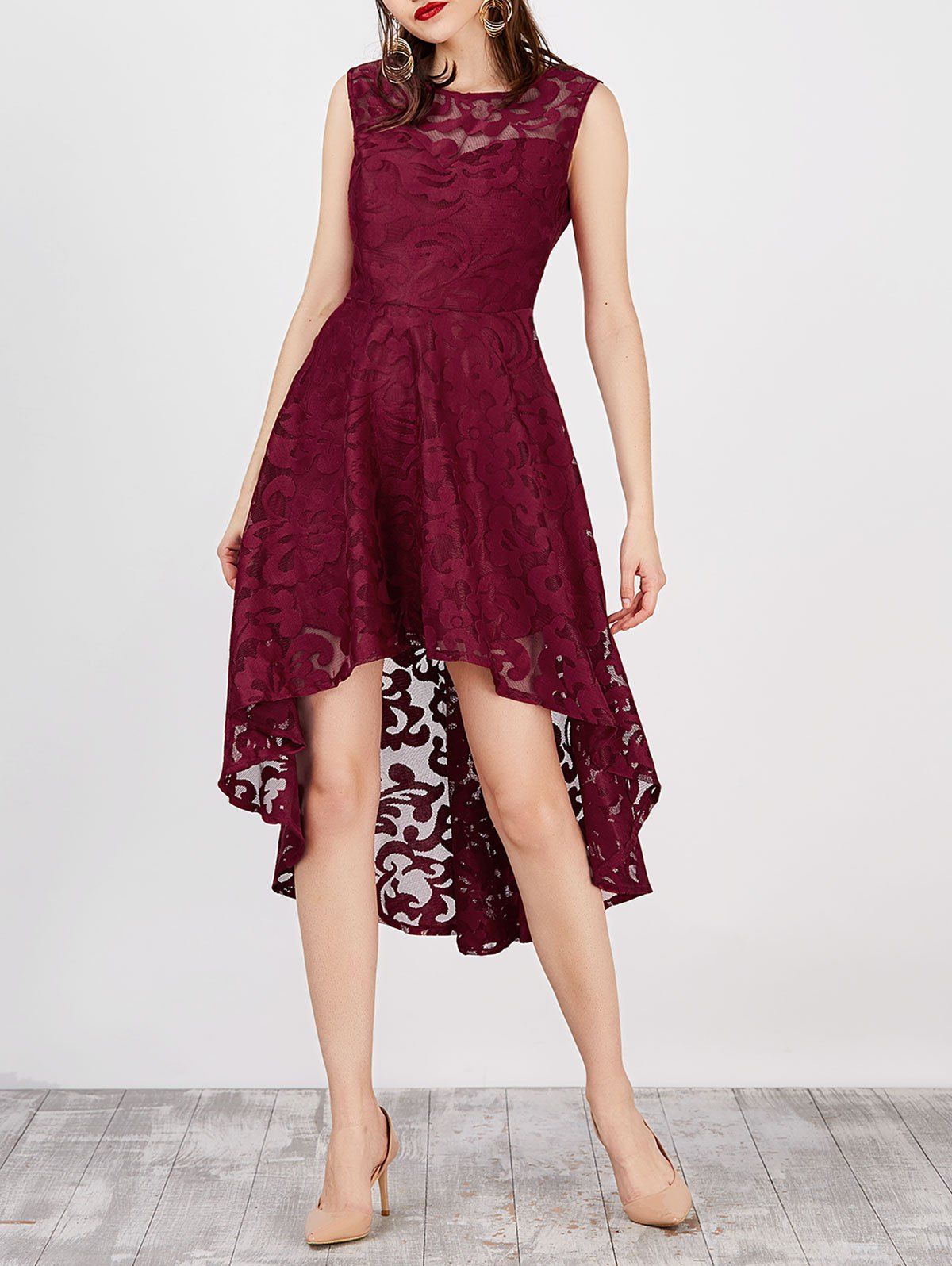 [79% OFF] Lace High Low Swing Evening Party Dress | Rosegal