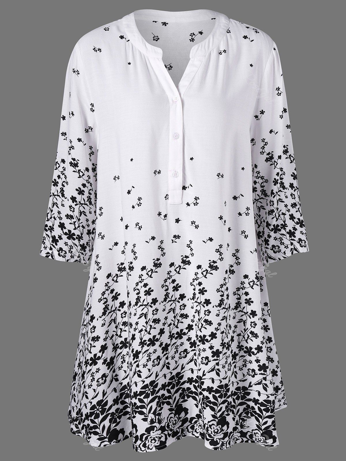 

Plus Size Tiny Floral Long Henley T-Shirt, White