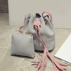 Color Block Drawstring Bucket Bag with Pouch Bag