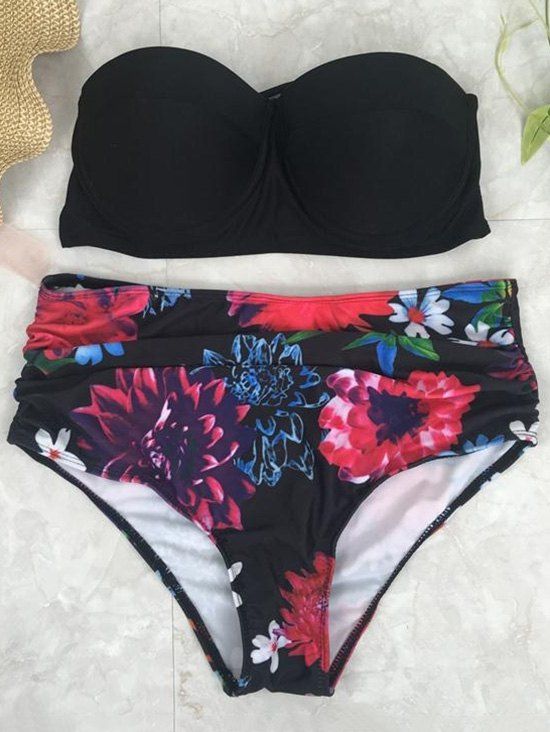 

Strapless Floral High Waisted Push Up Bandeau Bikini Set, Black