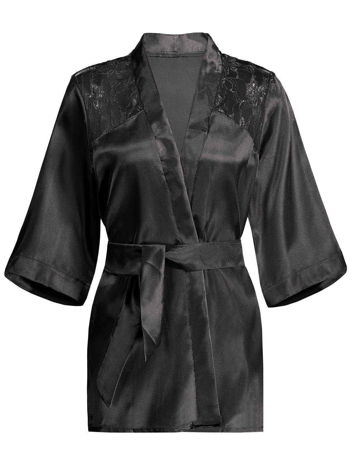 

Lace Panel Sleep Wrap Robe, Black