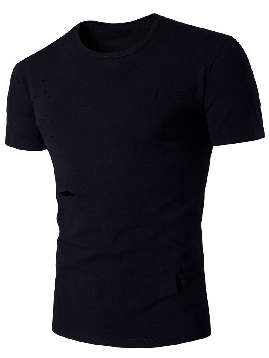 

Irregular Distressed Design Crew Neck T-Shirt, Black