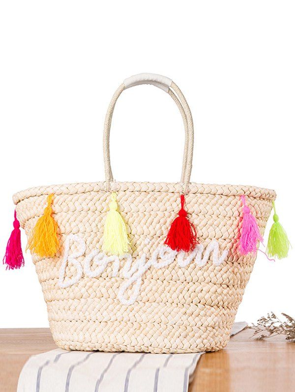 [48 OFF] Bonjour Tassels Straw Woven Beach Bag Rosegal