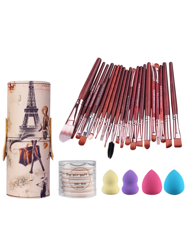 

20 Pcs Makeup Brushes Set + Makeup Sponges + BB Cream Air Puffs + Brush Holder, Red