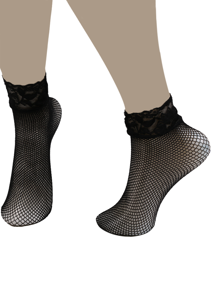 

Lace Trim Embellished Fish Net Over Short Ankle Socks, Black