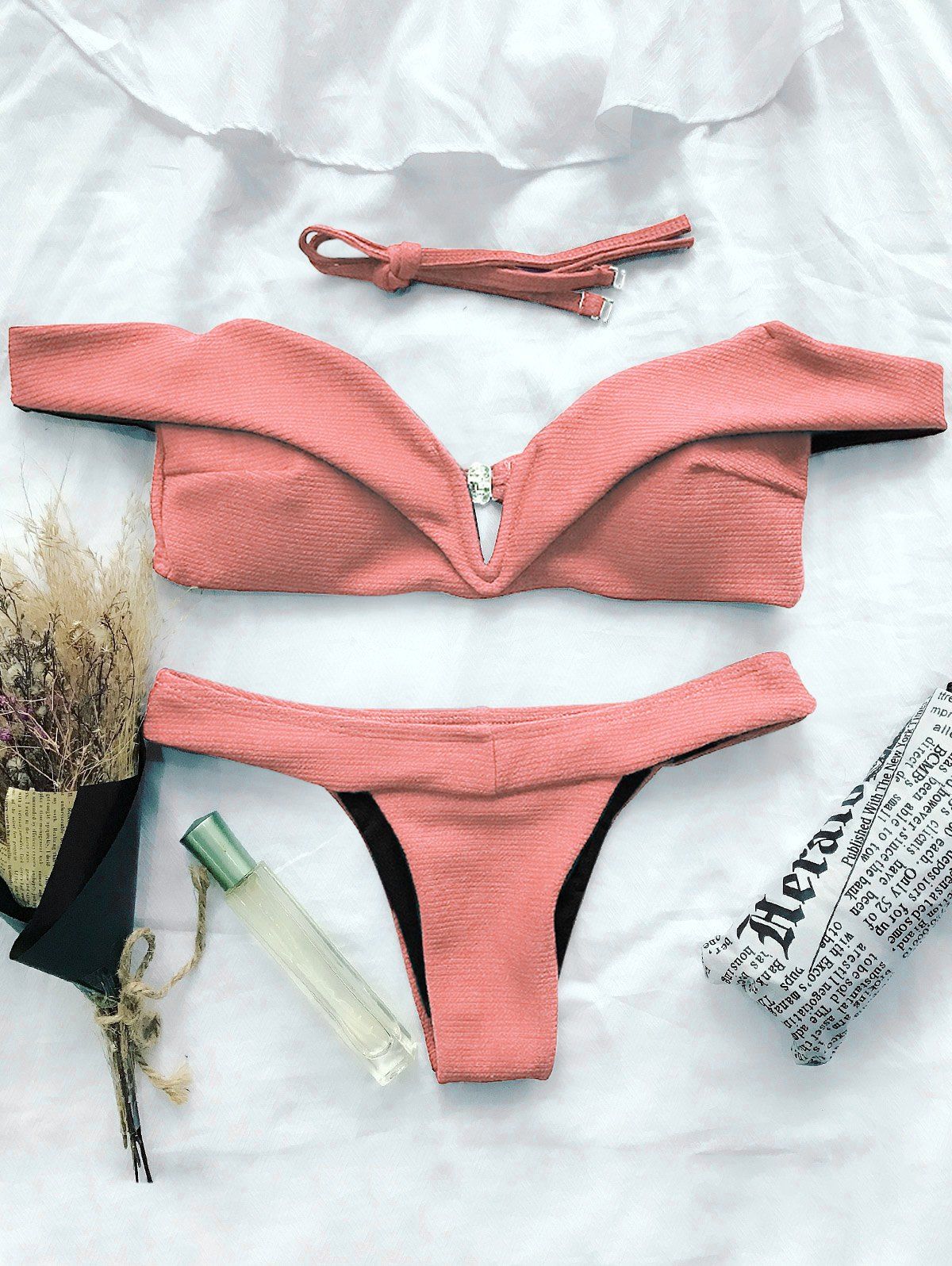 

V Plunge Off The Shoulder Bikini Set, Orangepink