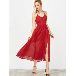 Backless Chiffon Thigh High Split Maxi Dress - RED S