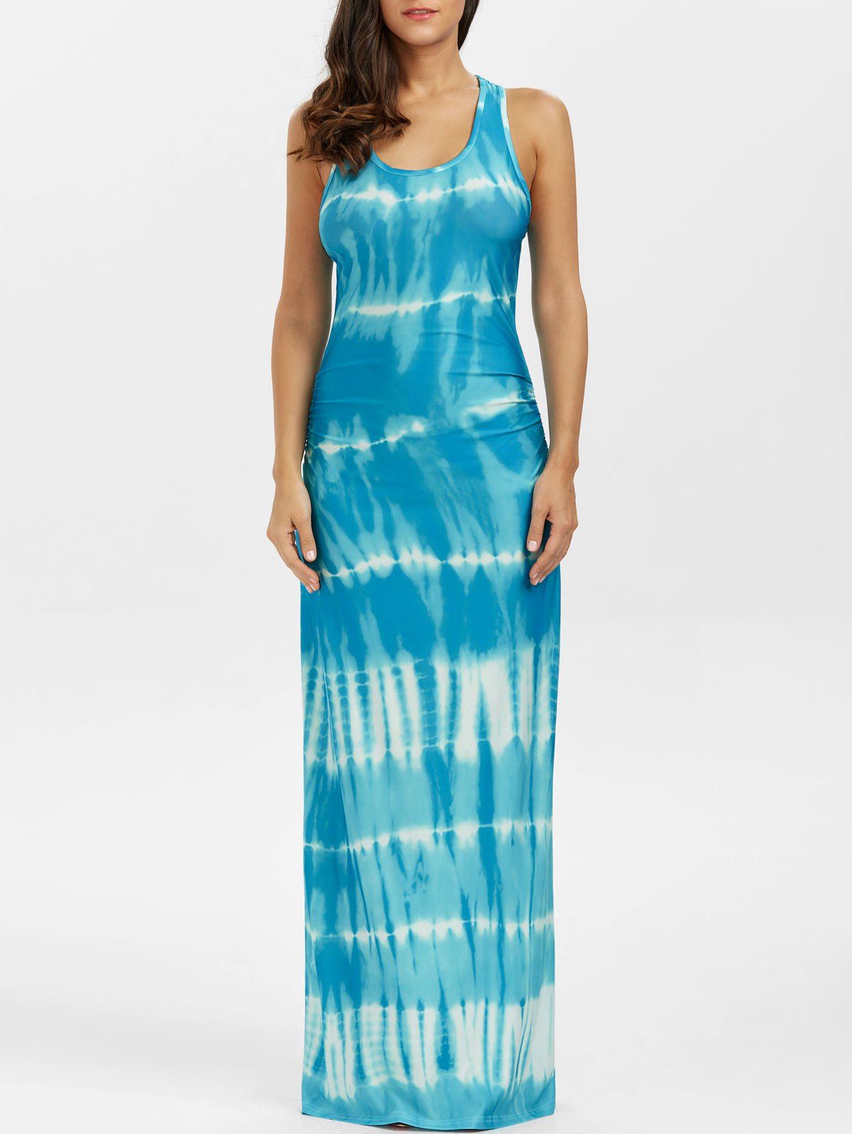 

Bohemian Tie-Dye Illusion Print Racerback Long Tank Dress, Lake blue