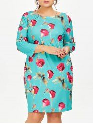 Plus Size Rose Floral Dress With Pockets -  