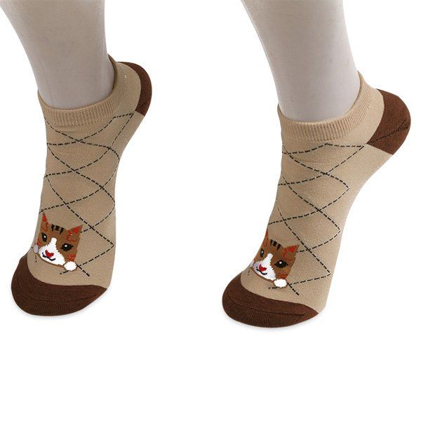 

Striped Cartoon Cat Patterned Ankle Socks, Coffee