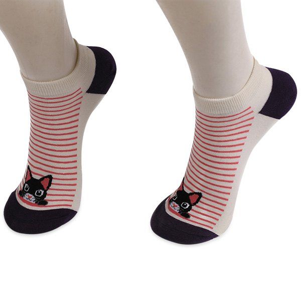 

Striped Cartoon Cat Patterned Ankle Socks, Deep purple