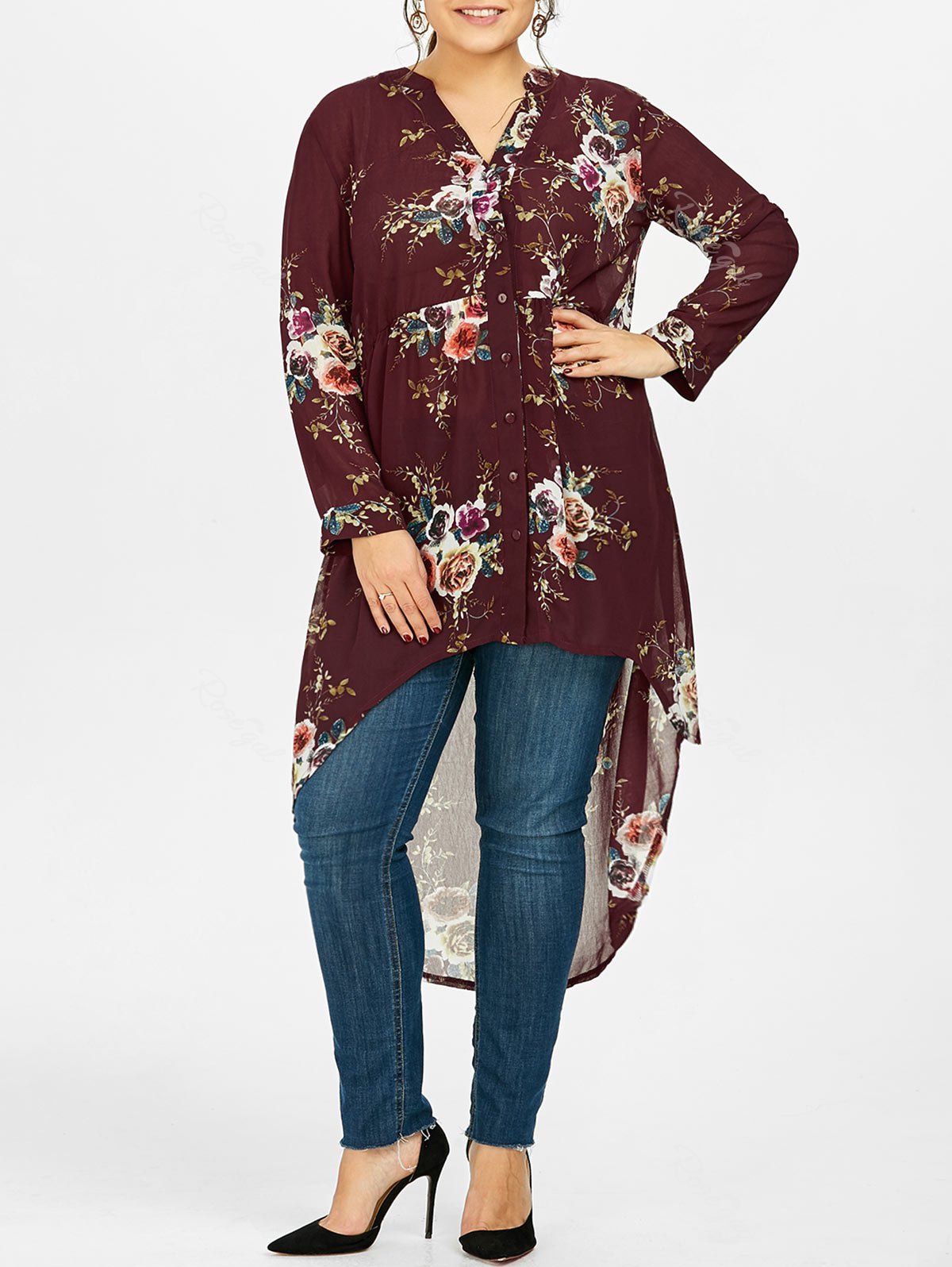 [35 Off] Chiffon Floral Plus Size Top Rosegal