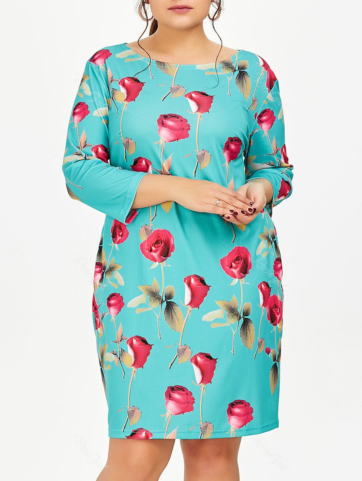 Affordable Plus Size Rose Floral Dress With Pockets  