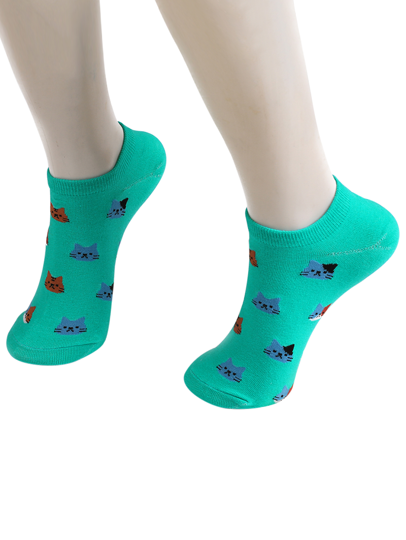 

Cartoon Cat Head Embellished Loafer Ankle Socks, Blue green