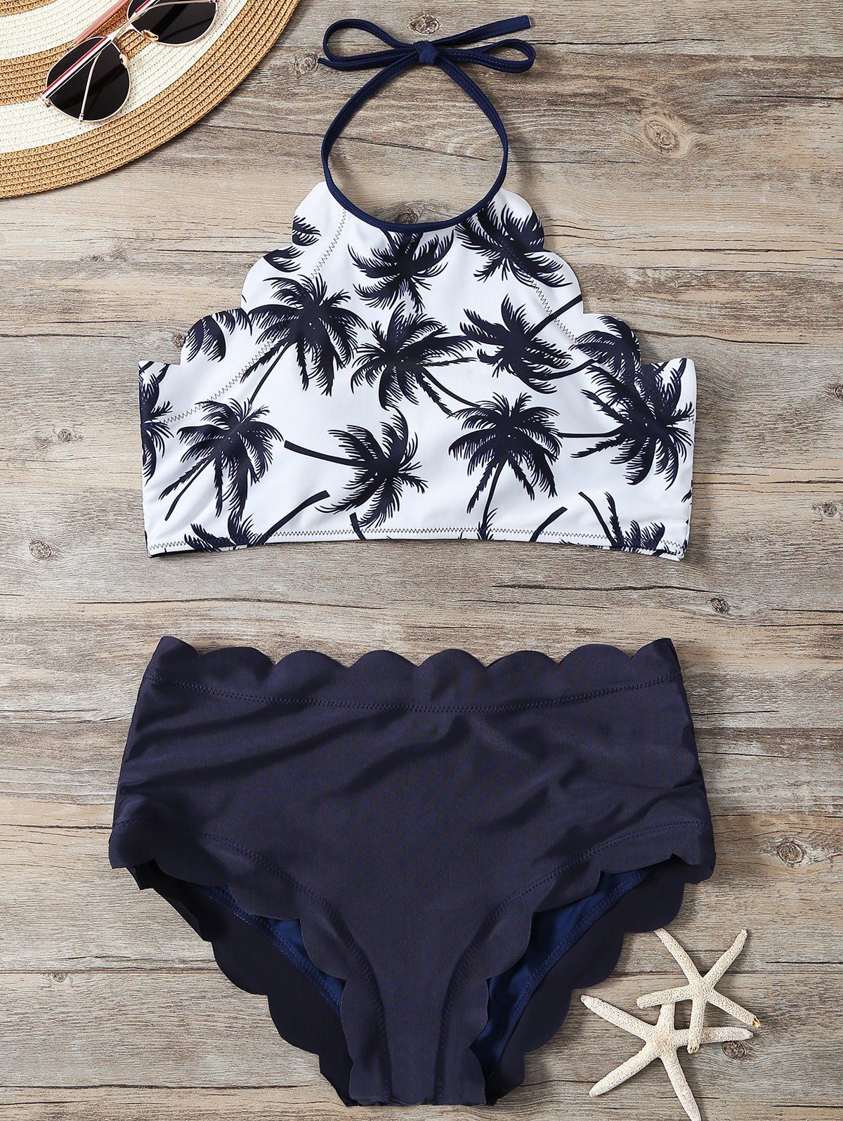 Deep Blue/white M High Waist Scalloped Tropical Halter Top Bikini ...