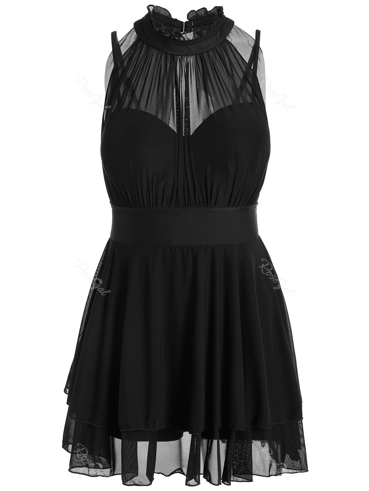 Black 5xl Mesh Insert Plus Size High Neck Swim Dress | RoseGal.com