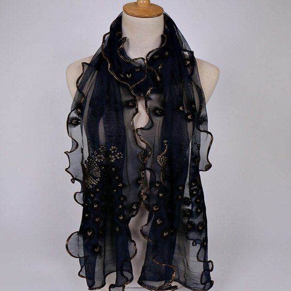 

Fine Gauze Peacock Floral Embroidery Chiffon Scarf, Cadetblue