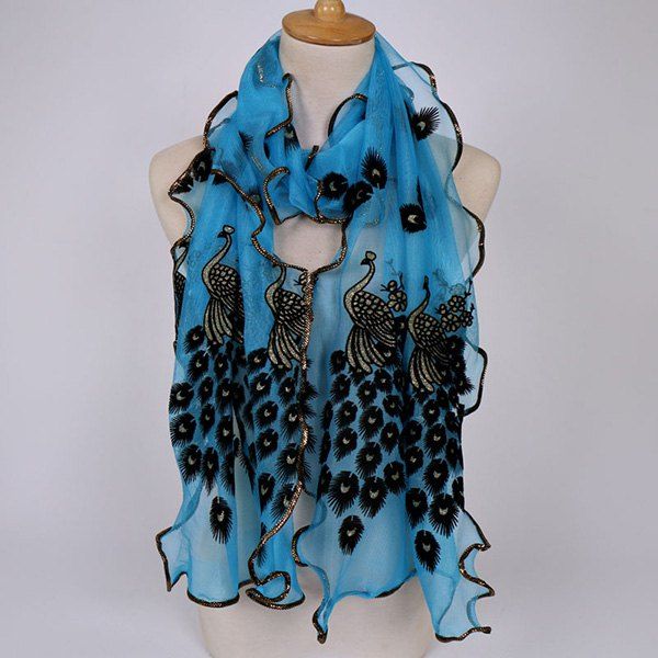 

Fine Gauze Peacock Floral Embroidery Chiffon Scarf, Azure