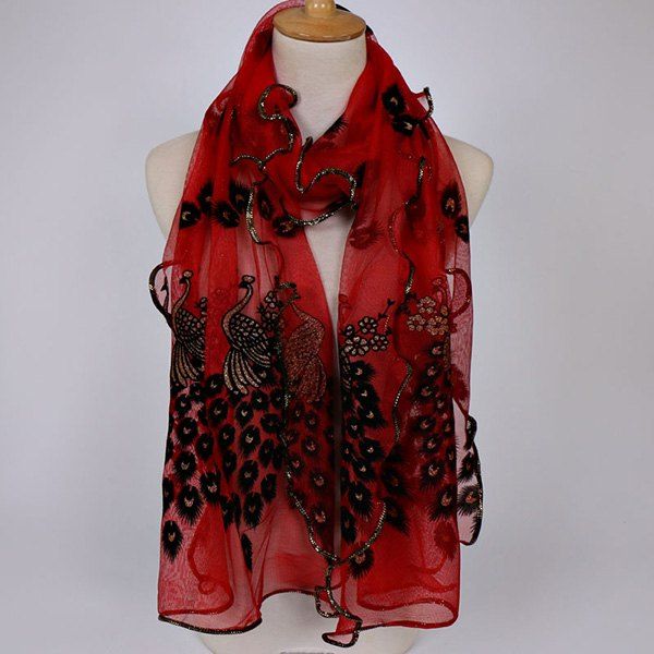 

Fine Gauze Peacock Floral Embroidery Chiffon Scarf, Wine red