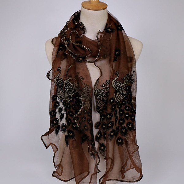 

Fine Gauze Peacock Floral Embroidery Chiffon Scarf, Coffee