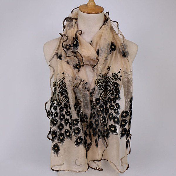 

Fine Gauze Peacock Floral Embroidery Chiffon Scarf, Beige