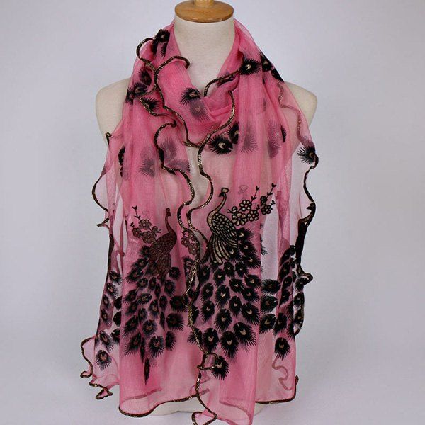 

Fine Gauze Peacock Floral Embroidery Chiffon Scarf, Pink