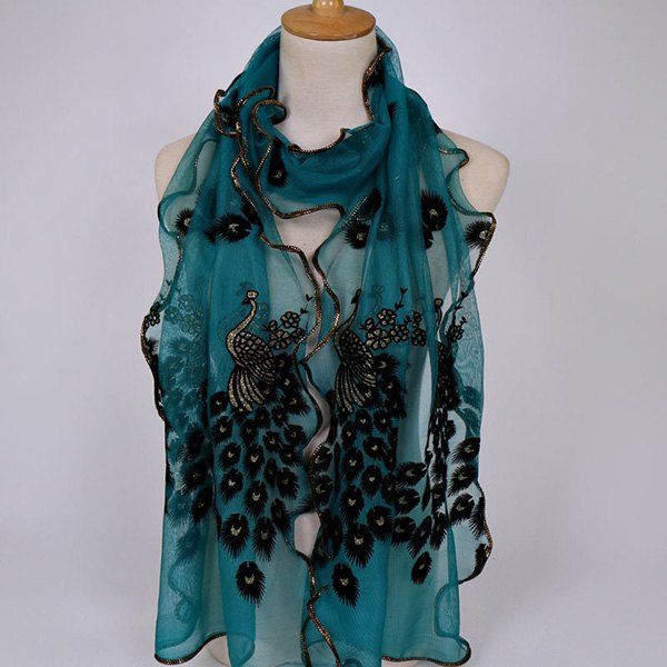 

Fine Gauze Peacock Floral Embroidery Chiffon Scarf, Cyan