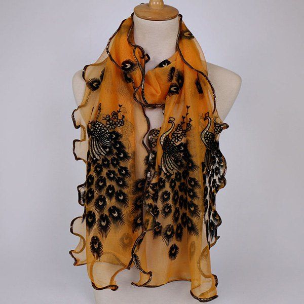 

Fine Gauze Peacock Floral Embroidery Chiffon Scarf, Ginger